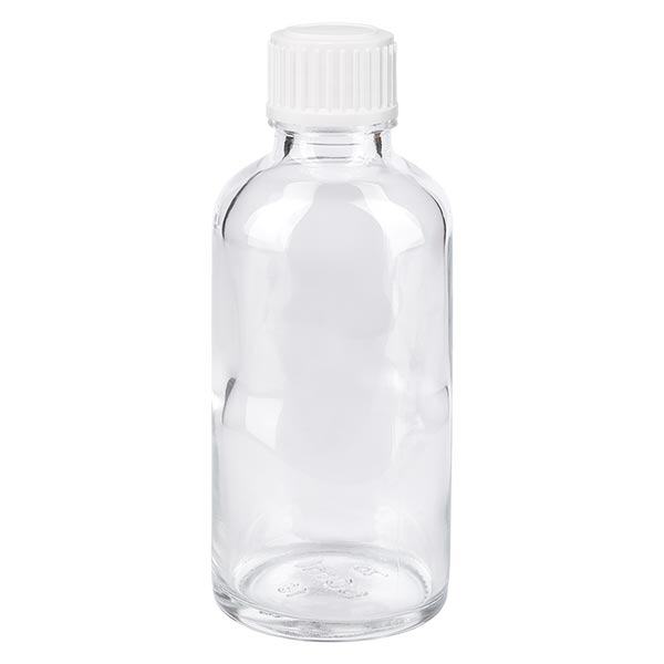 Helder glazen flessen 50ml met wit druppelsluiting 0.8mm St Helder glazen flessen 50ml met wit druppelsluiting 0.8mm St