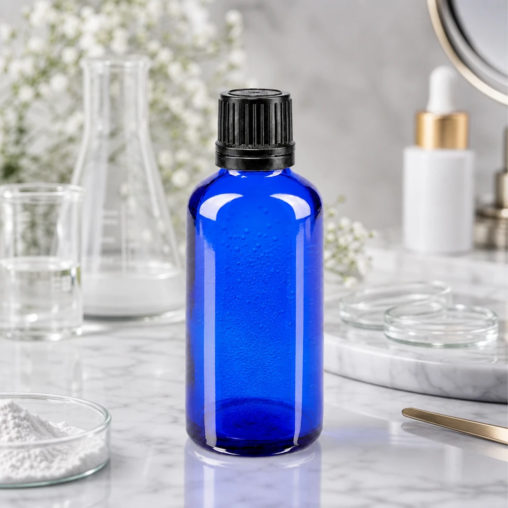 Blauwe glazen flessen 50ml met zwart schroefsluiting uitgietring VR Blauwe glazen fles met UV-bescherming van 50 ml met zwarte dop, te vinden tussen de cosmetische laboratoriumbenodigdheden