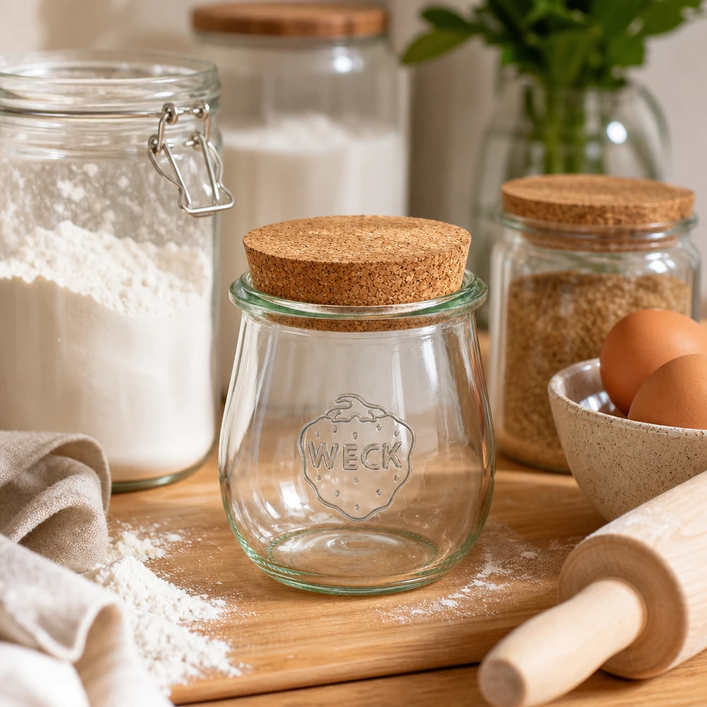 WECK tulp pot 220ml RR60 met kurk deksel in rustieke keuken met bak ingrediënten bloem en eieren op houten plank