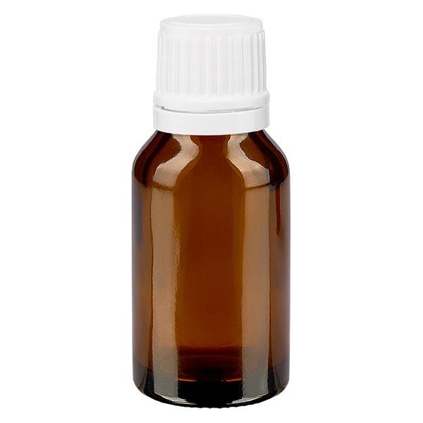 Bruine glazen fles 15ml met wit druppelsluiting 1.2mm VR Bruine glazen fles 15ml met wit druppelsluiting 1.2mm VR