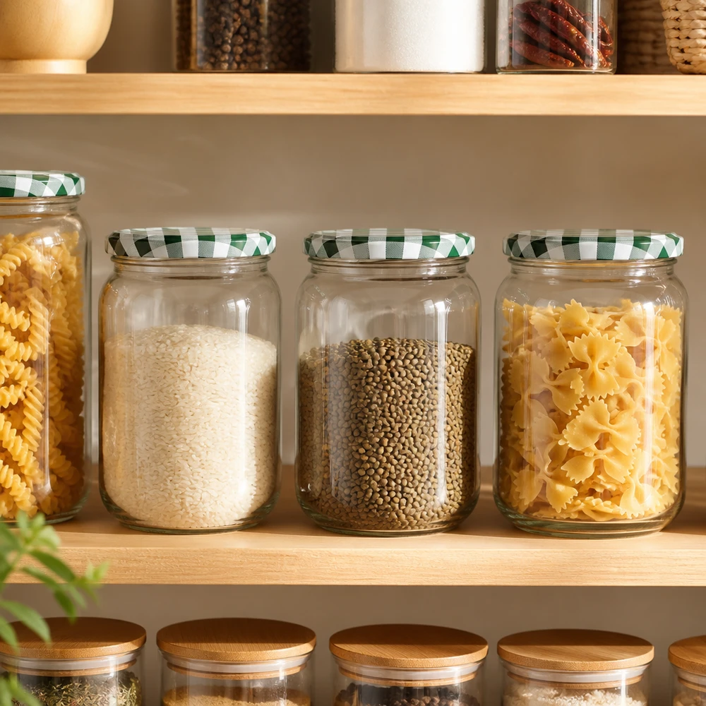 555 ml rond glas + BasicSeal-deksel groen/wit UNiTWIST Organisatie van de voorraadkast met UNiTWIST ronde glazen potten van 555 ml en BasicSeal-deksels in groen-wit voor pasta en granen