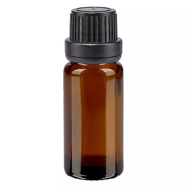 Bruine glazen fles 10ml met zwart schroefsluiting dicht. VR Bruine glazen fles 10ml met zwart schroefsluiting dicht. VR