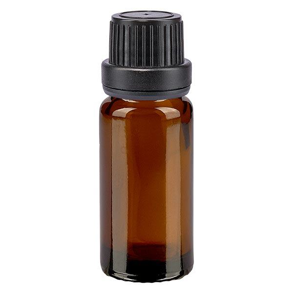 Bruine glazen fles 10ml met zwart schroefsluiting dicht. VR Bruine glazen fles 10ml met zwart schroefsluiting dicht. VR