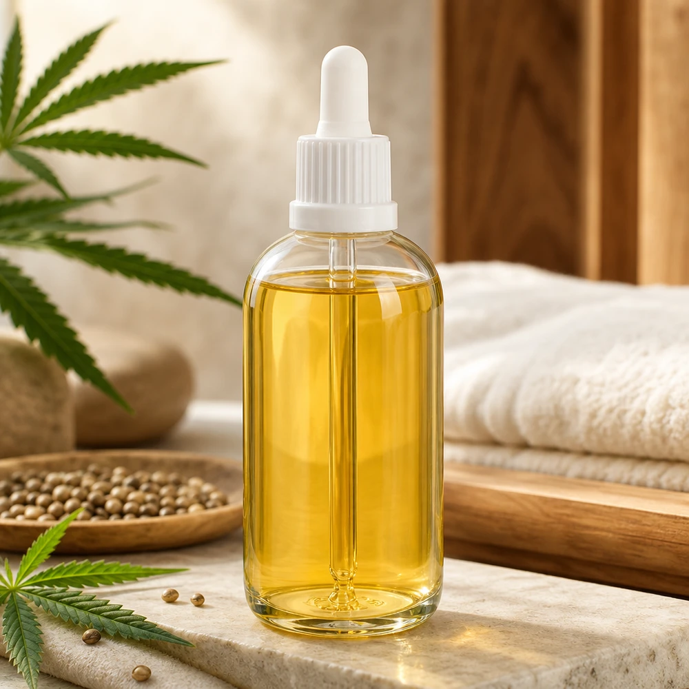 ClearLine-pipetflesje van 100 ml met witte druppelaar en afbeelding van een hennepplant, voor CBD-olie