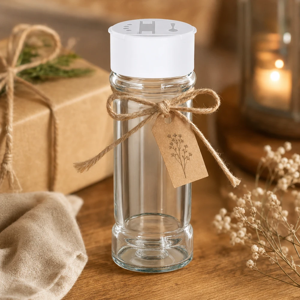 Zout- en peperpotje van 100 ml met witte dubbele strooier, versierd met een jute strik als rustiek cadeau