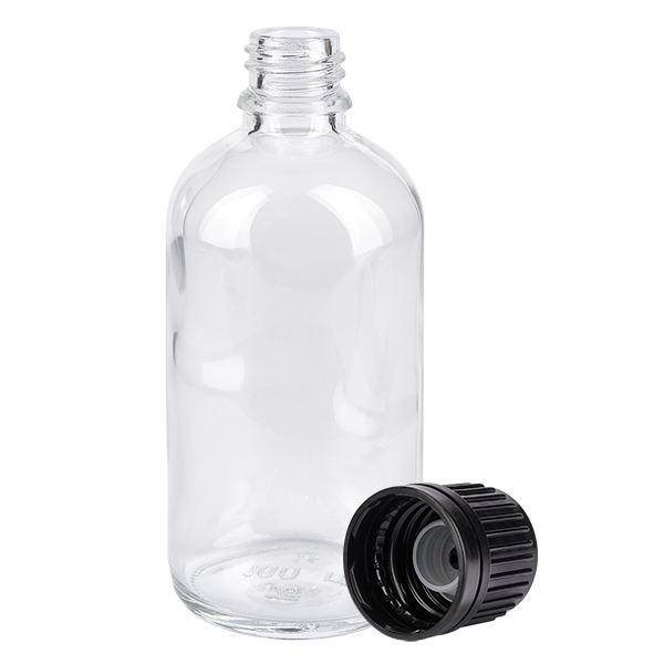 100ml (Globul)Flas. 3mm GR w. STD ClearL. UT18/100 Doorzichtige globulefles van 100 ml van helder glas met een zwarte kunststof dop