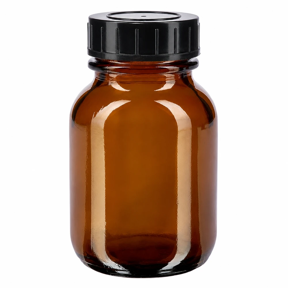 Fles met wijde hals 50 ml bruin glas met schroefdeksel 50 ml fles met wijde hals van amberkleurig glas met zwarte schroefdop voor veilig bewaren