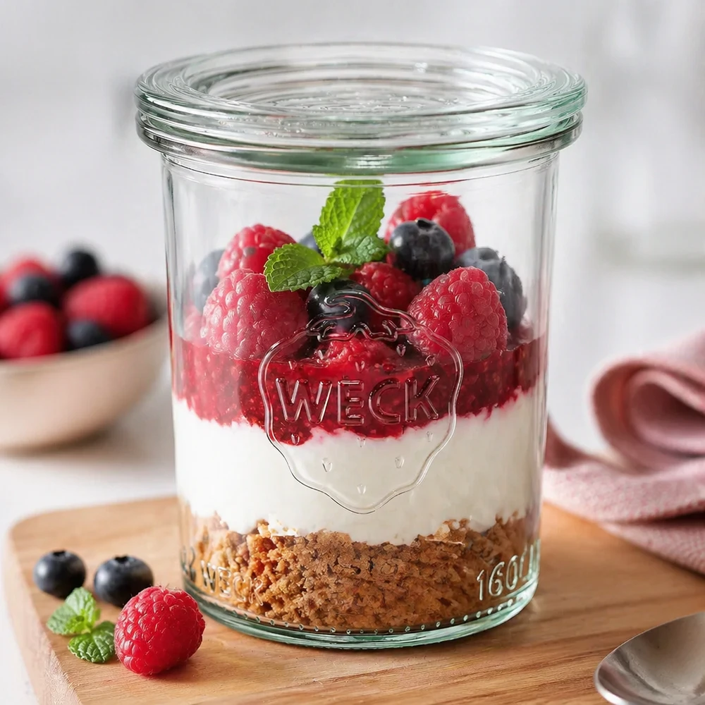 WECK 160ml mason jar gevuld met een dessert op basis van biscuit, room en bessen als toepassingsvoorbeeld