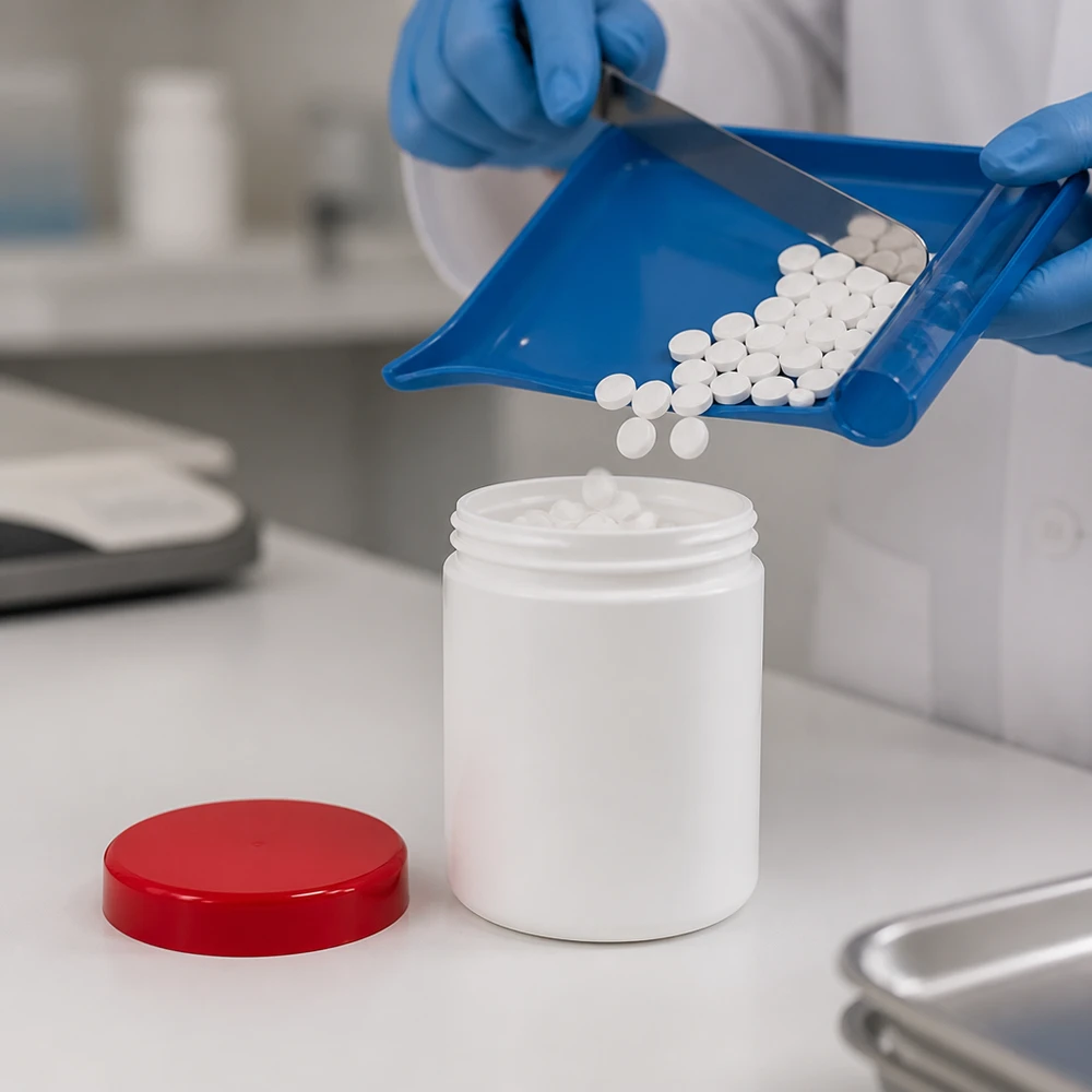 Laboratoriummedewerkers met blauwe handschoenen vullen een witte PP-pot van 100 g met een rood schroefdeksel