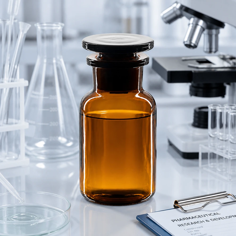 Bruine fles met brede hals, 100 ml, ronde schouders, glazen stop, in een farmaceutische onderzoeksomgeving