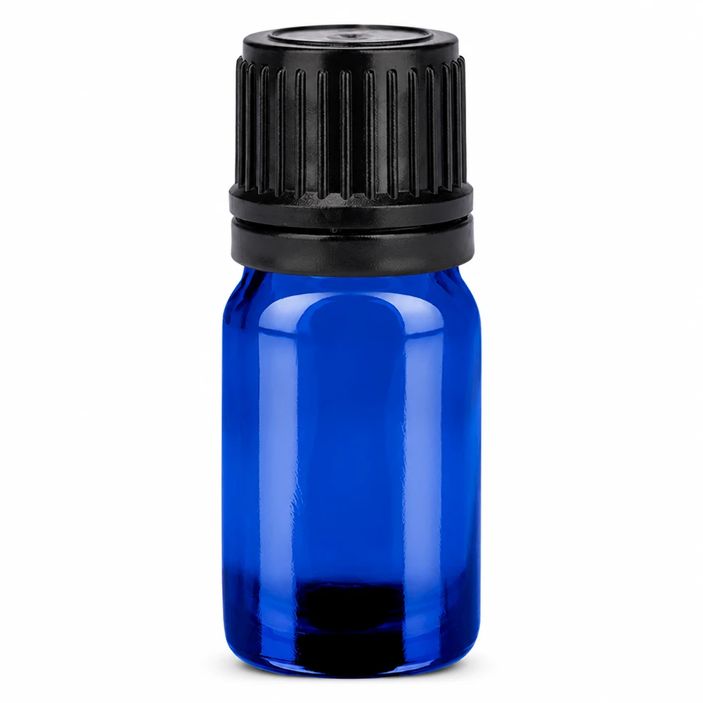 Praktisch 5ml flesje met blauw glas en zwarte dop voor essentiële oliën