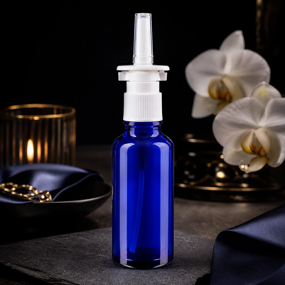 Hoogwaardig kobaltblauw glazen flesje van 30 ml met neusspraypomp voor apotheekproducten