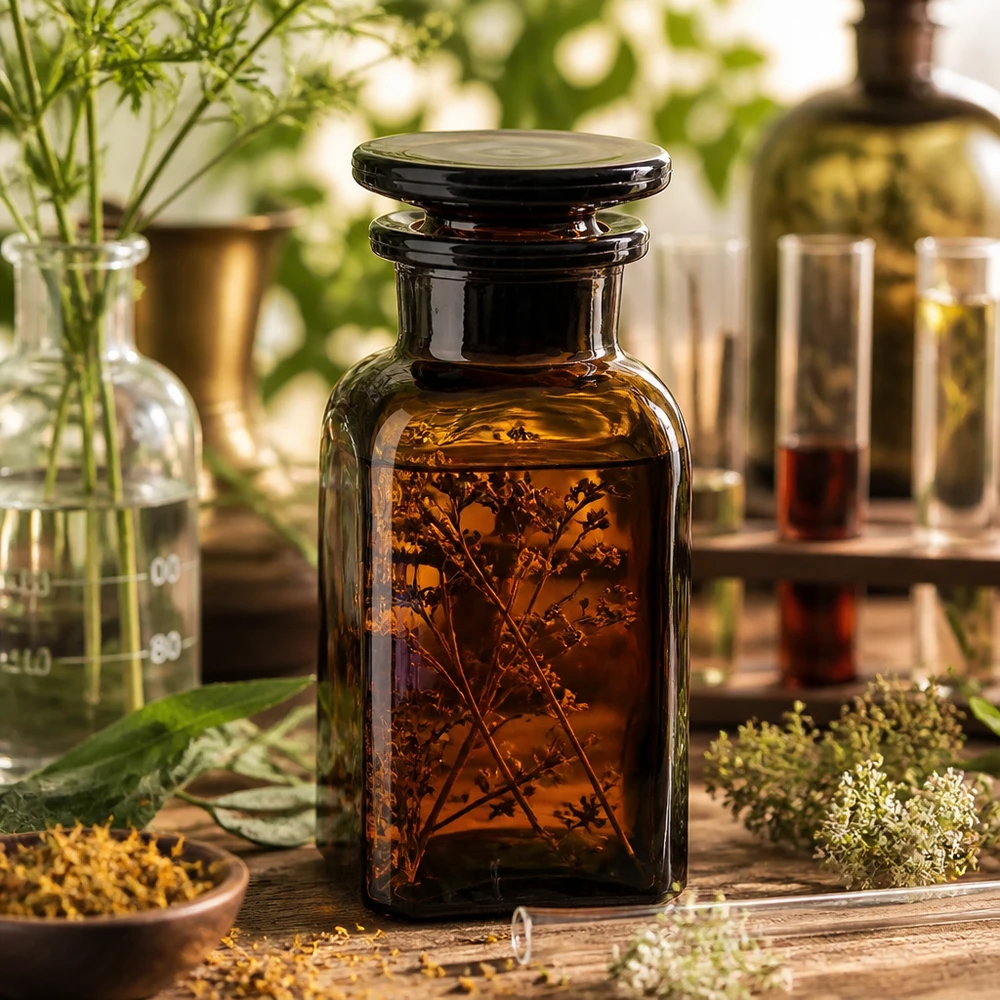 Vierkante bruine glazen fles van 100 ml met brede hals voor kruidenoliën, essences en natuurgeneeskunde