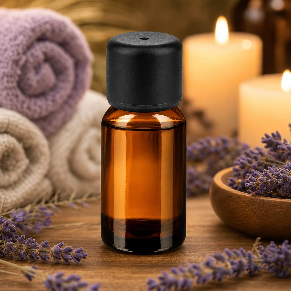 Apothekersflesje 10ml van UV-beschermend amberkleurig glas met zwarte dop voor lichtgevoelige oliën