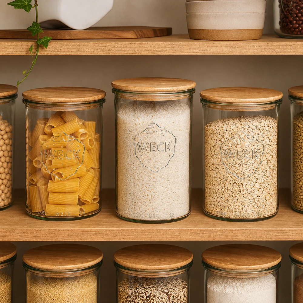 1000ml stortglas WECK RR100 met hout deksel WECK potten 1000ml met houten deksel als voorraadpotten voor pasta, rijst en havermout in een georganiseerde keuken
