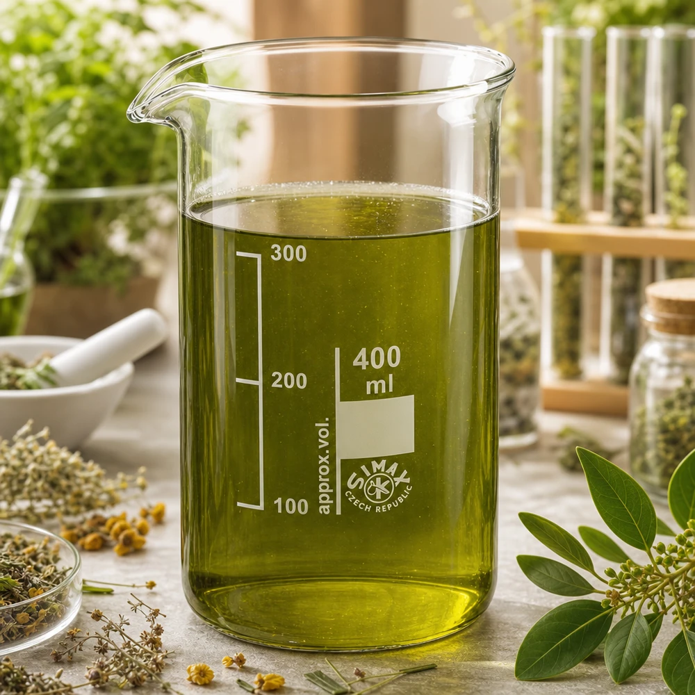 Een hoge bekerglas van 400 ml gevuld met geelgroen plantenextract, naast een vijzel en kruiden