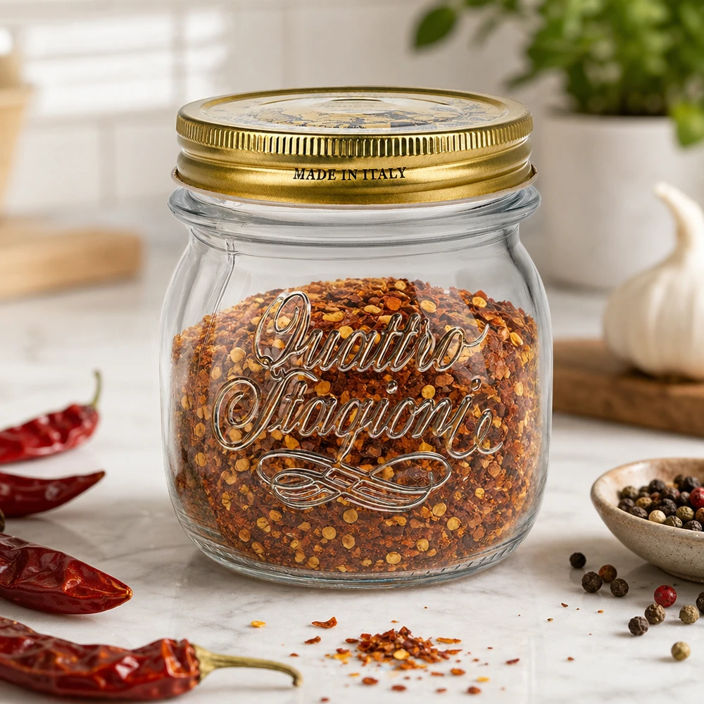 250ml Quattro Stagioni rond potje met gouden deksel gevuld met chilikruidenmix op keukenblad