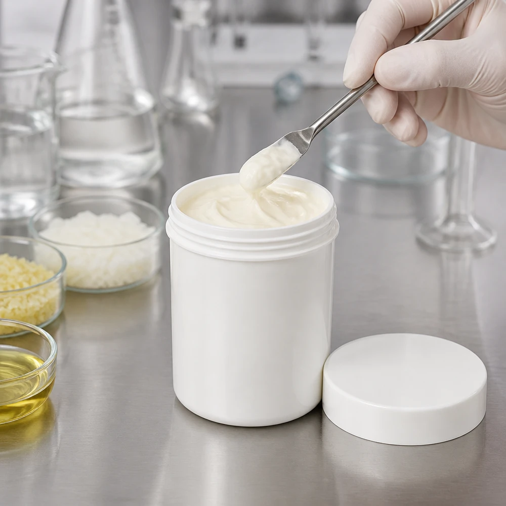 Zalfpot 75 g wit met schroefdeksel wit (PP) Witte zalfpot van 75 g, gemaakt van PP, met een brede opening om hem gemakkelijk te vullen met huidcrème
