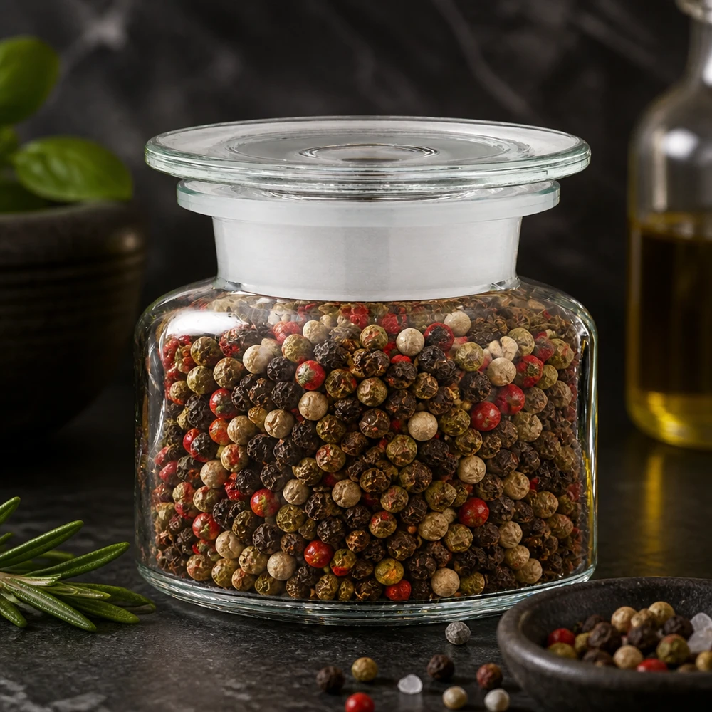 Apothekersfles van helder glas, 100 ml, met brede hals en veelkleurige peperkorrels op een donkere achtergrond