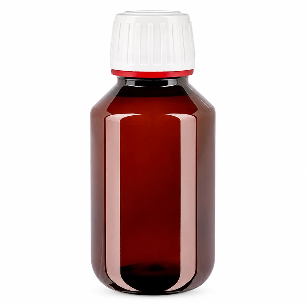 PET-fles 100ml met wit/rode dop OV Kleine bruine PET-apotheekfles van 100 ml met een fraudebestendige originele sluiting