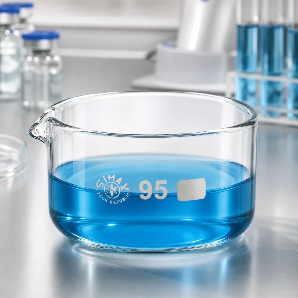 Kristalliseerschaal 300ml met schenktuit Vlakke schaal van borosilicaatglas, 300 ml, voor chemische analyse, laboratoriumglas van SIMAX Tsjechië, ø95 mm