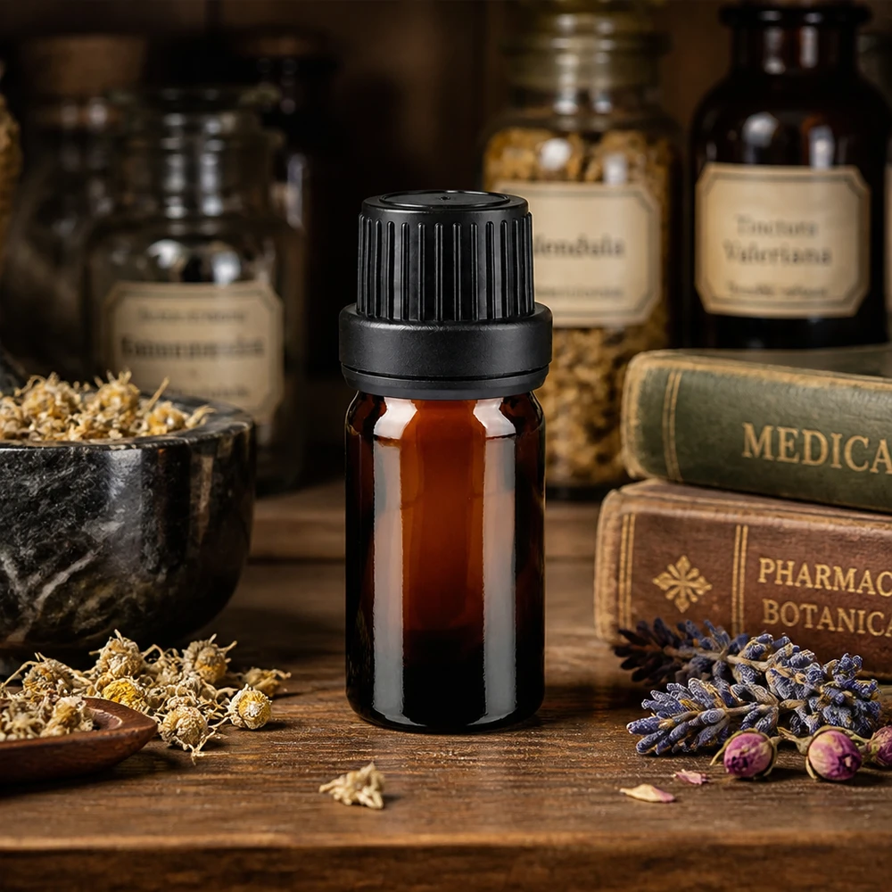 Bruine glazen fles 5ml met zwart schroefsluiting dicht. VR Bruin apothekersflesje van 5 ml met een zwarte opening van 11 mm, tussen valeriaantinctuur en botanische kruiden
