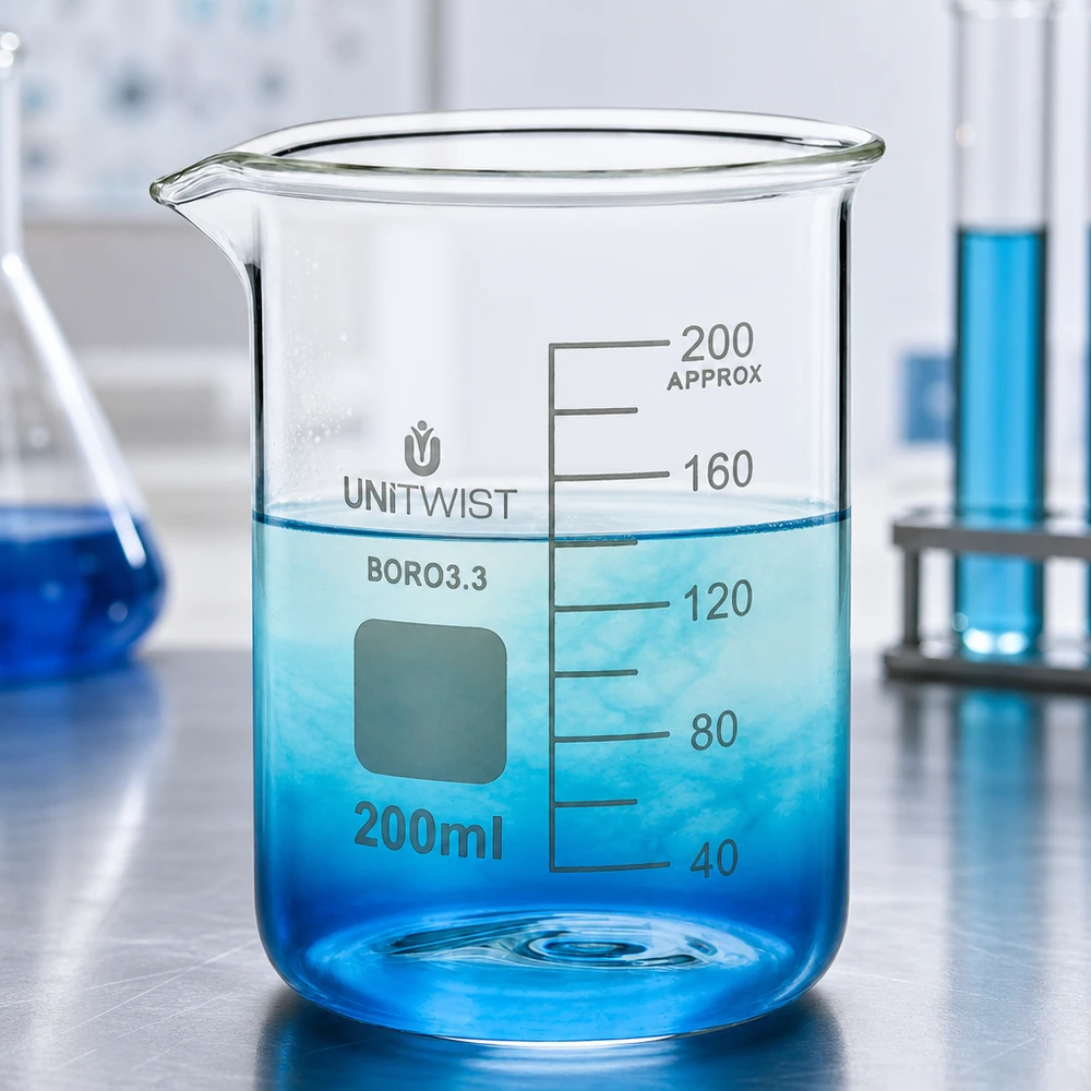 Beker 200ml borosilicaat, schimmelarm UNiTWIST Laboratoriumbeker 200 ml, borosilicaat 3.3, met lage handgreep en wit markeerveld van UNiTWIST