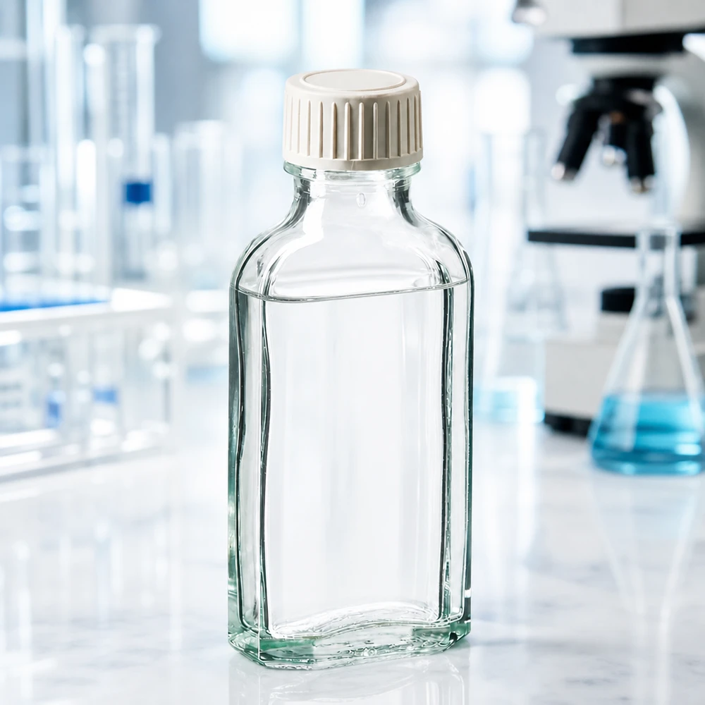 50 ml witte meplatfles met DIN 22 monding, inclusief schroefsluiting DIN 22 wit van PP met PE-schuiminzetstuk Kleine glazen fles van 50 ml, rechthoekig, helder, met afgevlakte bodem, voor farmaceutische toepassingen