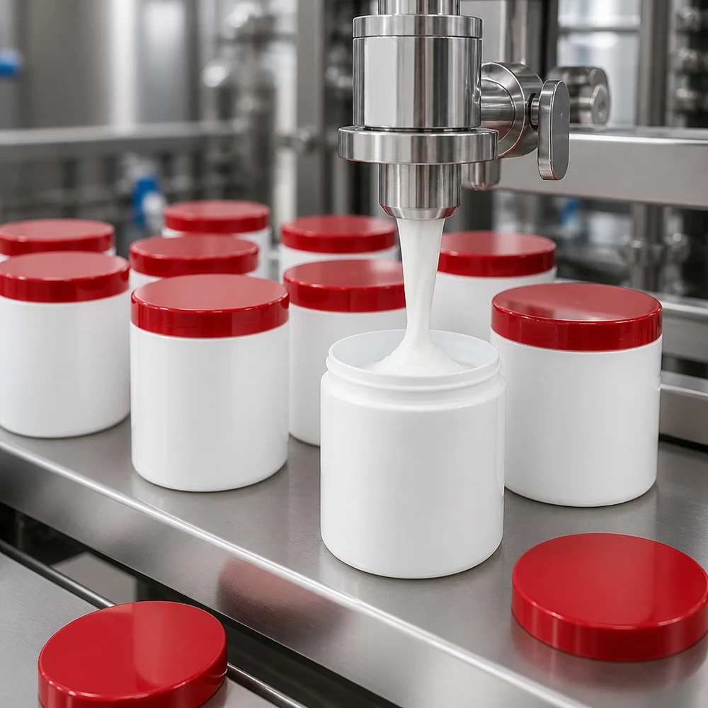 Serieproductie van witte zalfpotjes van 500 g met rode PP-schroefdeksels op een roestvrijstalen productielijn