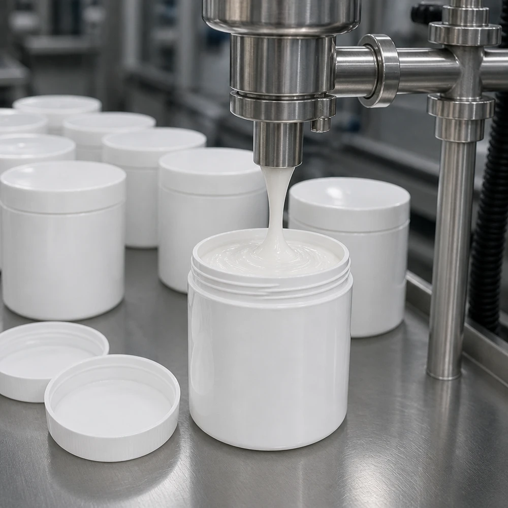 Zalfpot 10 g wit met schroefdeksel wit (PP) Serieproductie van witte zalfpotjes van 10 g PP met schroefdeksel op de productielijn