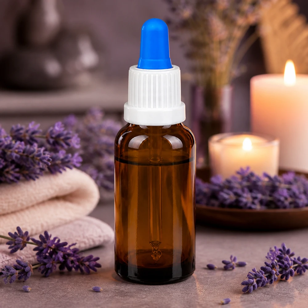 20ml pipetfles wit/blauw OV BrownLine UT18/20 Compacte 20ml amberkleurige glazen pipetfles met witte schroefdop en blauwe druppelaar