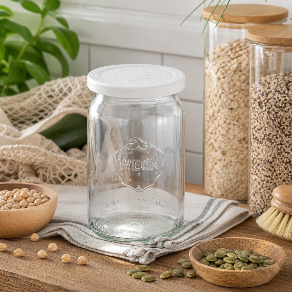WECK RR40 cilindrische pot 145ml leeg met vershouddeksel in natuurkeuken tussen peulvruchten en voorraadpotten
