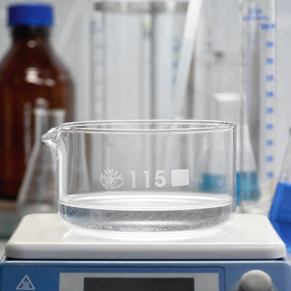 Kristallisatieschaal van 500 ml in een laboratoriumomgeving, met reageerbuisjes en een bruine glazen fles op de achtergrond