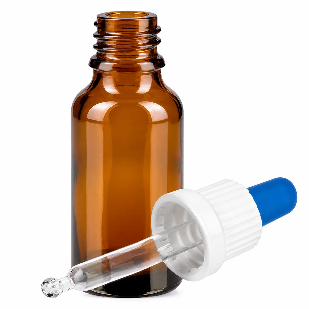 20ml pipetfles wit/blauw OV BrownLine UT18/20 Compacte druppelflacon van 20 ml met witte rubberen dop en blauwe pipetpunt