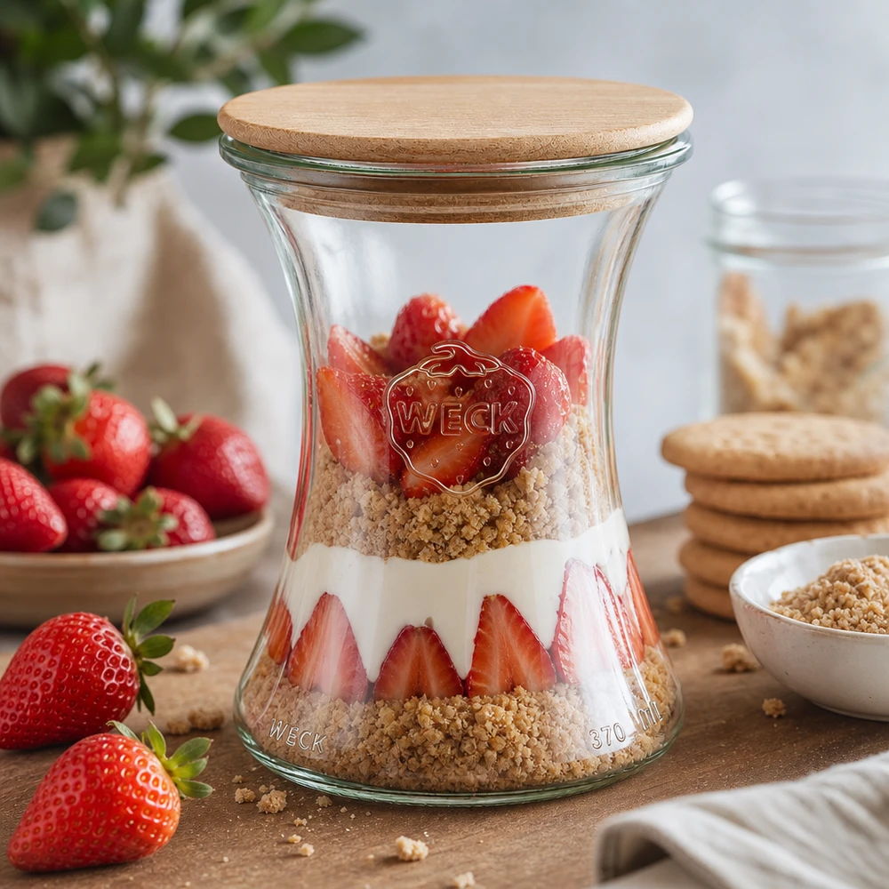 WECK delicatessenpot 370ml RR80 met houten deksel gevuld met aardbeien granola en yoghurt als gelaagd dessert