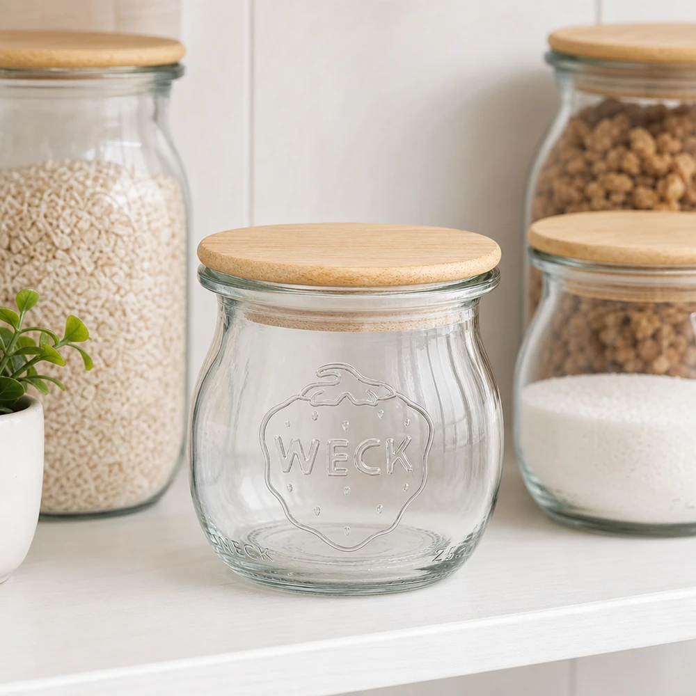 WECK-tulpglas 75ml met deksel WECK tulpenpot 75ml RR40 met bamboe deksel in een stijlvol keukeninterieur naast gevulde voorraadpotten