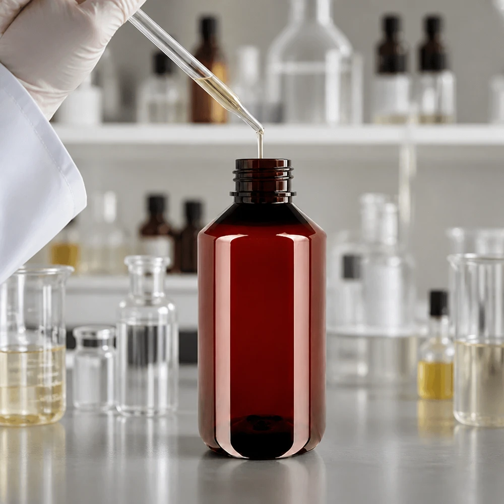 Professionele afvulling van etherische oliën in bruine kunststofflessen van 750 ml in het laboratorium