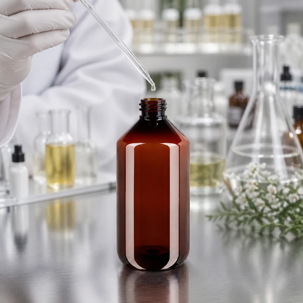 Lichtbestendige PET-fles van 500 ml, bruin, met ontgassingsdop voor gevoelige stoffen