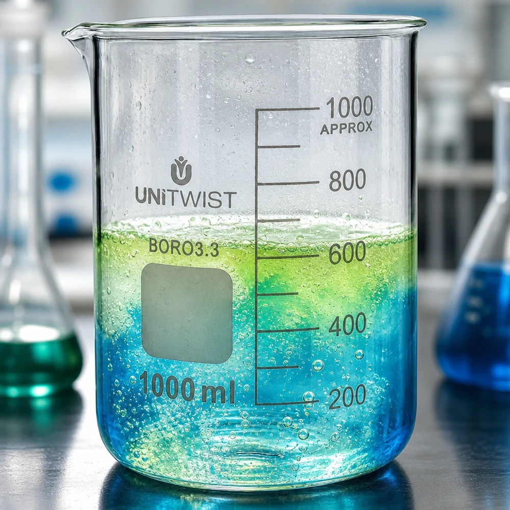 Beker 1000ml borosilicaat, lage vorm UNiTWIST UNiTWIST bekerglas 1000 ml met zichtbare scheiding tussen blauwe en groene vloeistof