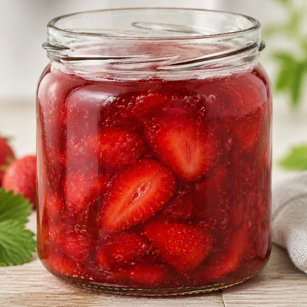 UNiTWIST Runda408 ronde pot 408ml gevuld met zelfgemaakte aardbeienjam toont praktisch gebruik als inmaakpot