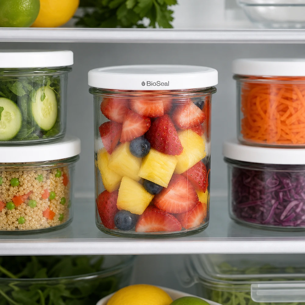 UNiTWIST Sturz350 gevuld met fruitsalade in de koelkast toont optimale versheid dankzij TO82 BioSeal deksel