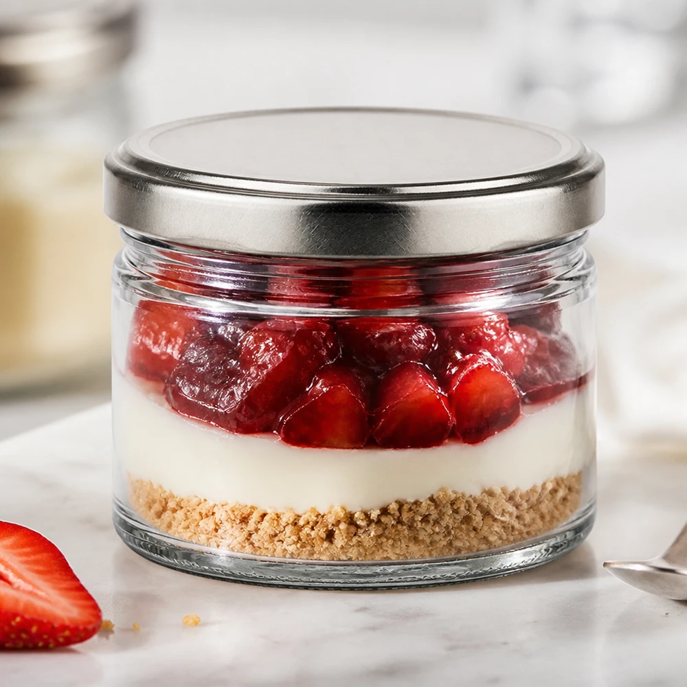 540 ml rond glas met zilveren deksel als dessertglas voor aardbeien kwarktaart in een glas, gelaagd dessert