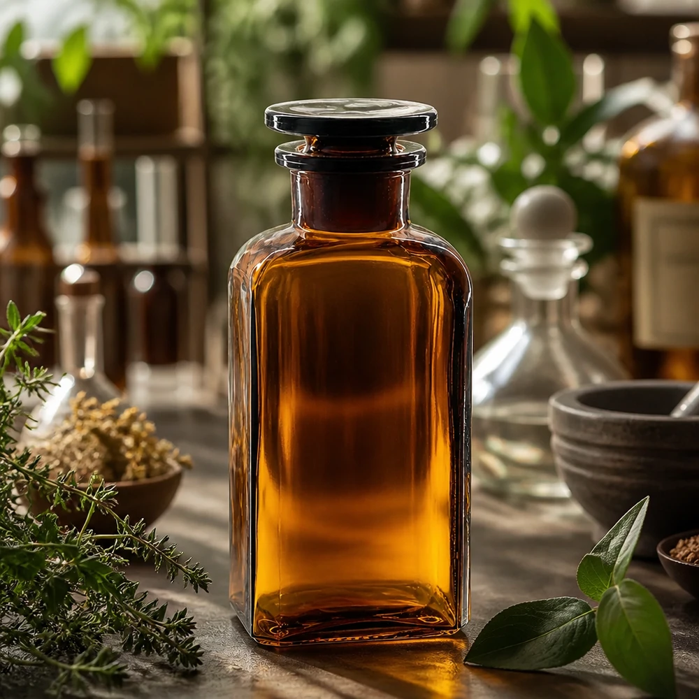 Klassieke apothekersfles, vierkant, 250 ml, bruin glas met glazen stop, brede hals