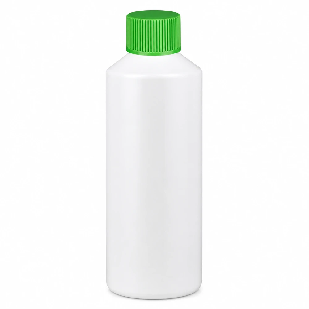 PET cilinderfles 100ml wit met schroefsluiting groen HDPE-apothekersflesje van 100 milliliter in wit met een kindveilige groene schroefdop
