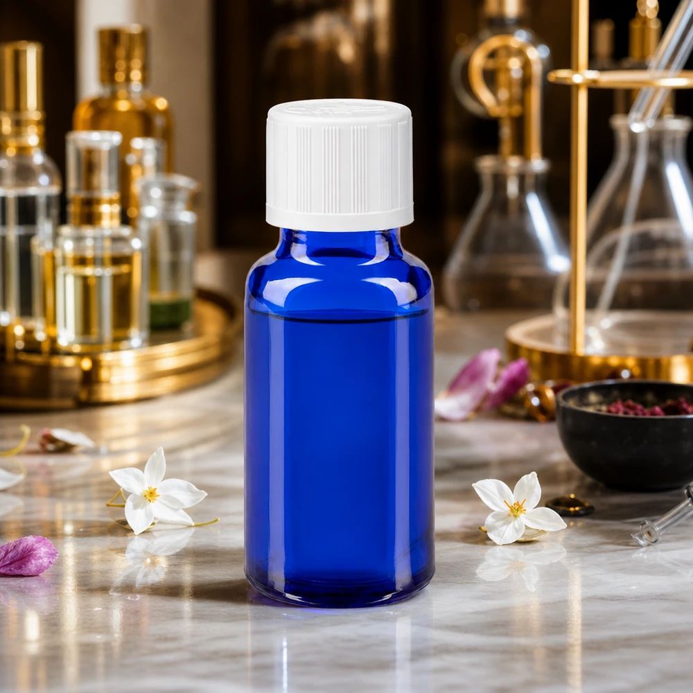 Blauwe glazen flessen 20ml met wit schroefsluiting kinderslot St Cilindrische blauwe apothekersfles van 20 ml met witte schroefdop in een laboratoriumomgeving