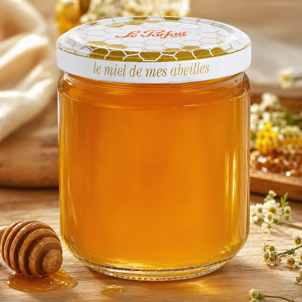 Le Parfait 212ml honing voorraadpot gevuld met gouden honing naast honinglepel en kamille op houten tafel
