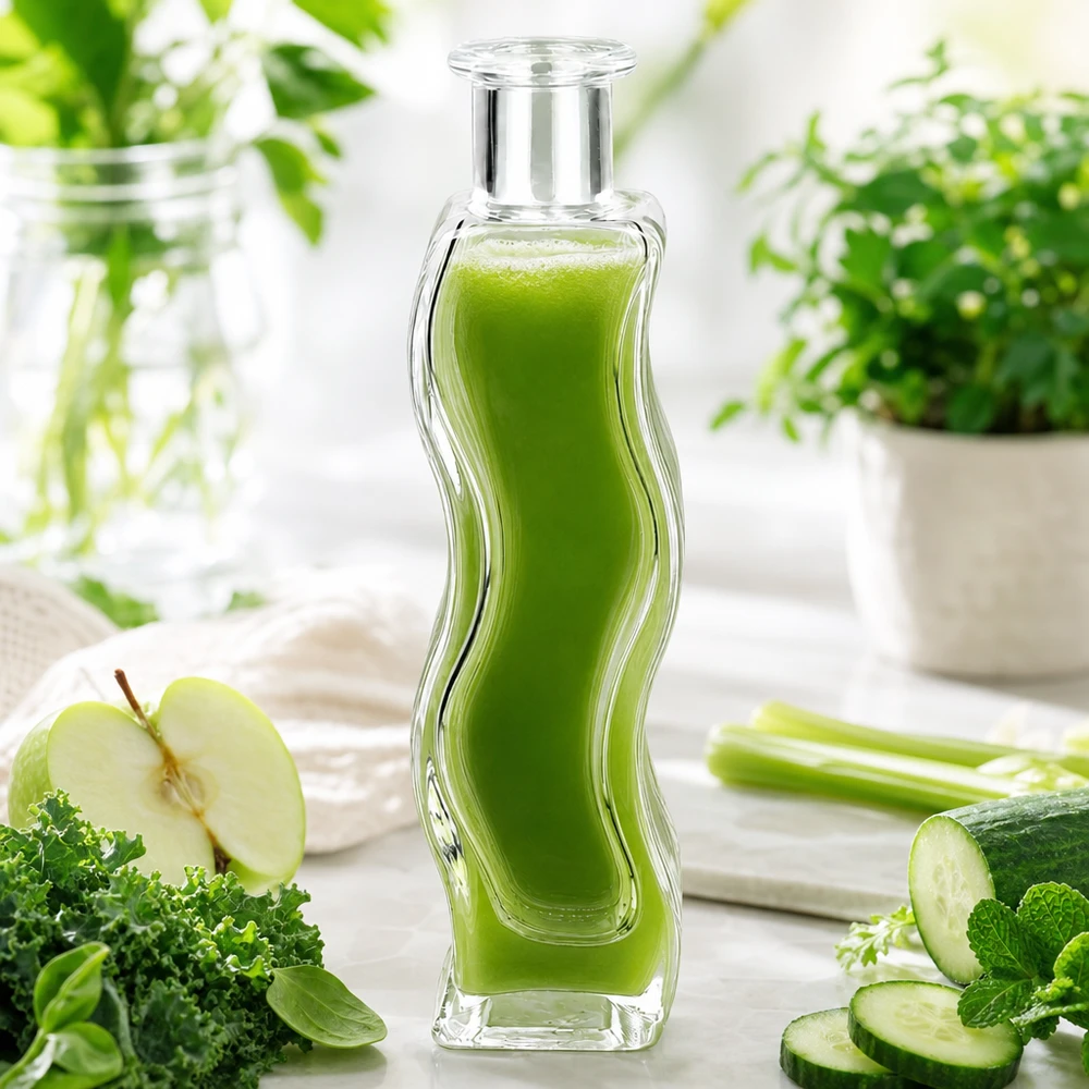 100ml glazen fles Melissa gevuld met groene smoothie omringd door groenten, appel, komkommer en kruiden op een witte houten tafel