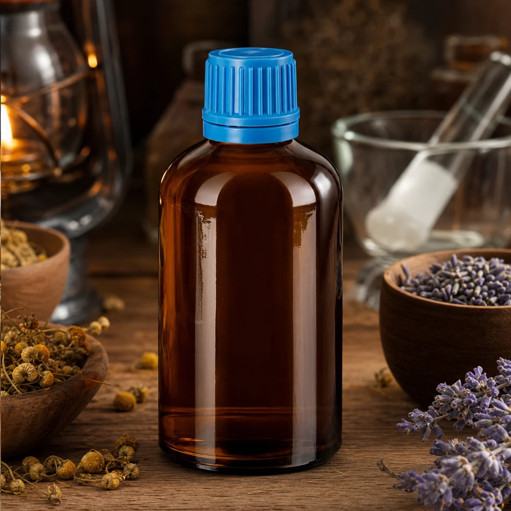 Robuuste amberkleurige glazen fles 100ml BrownLine met originele dop voor het veilig bewaren van het product