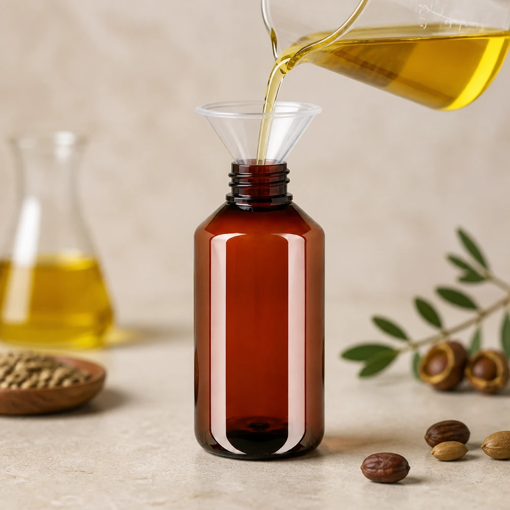 Transparente Trichter Befüllung bernsteinfarbene 500ml PET Flasche Jojoba Arganöl Kosmetik