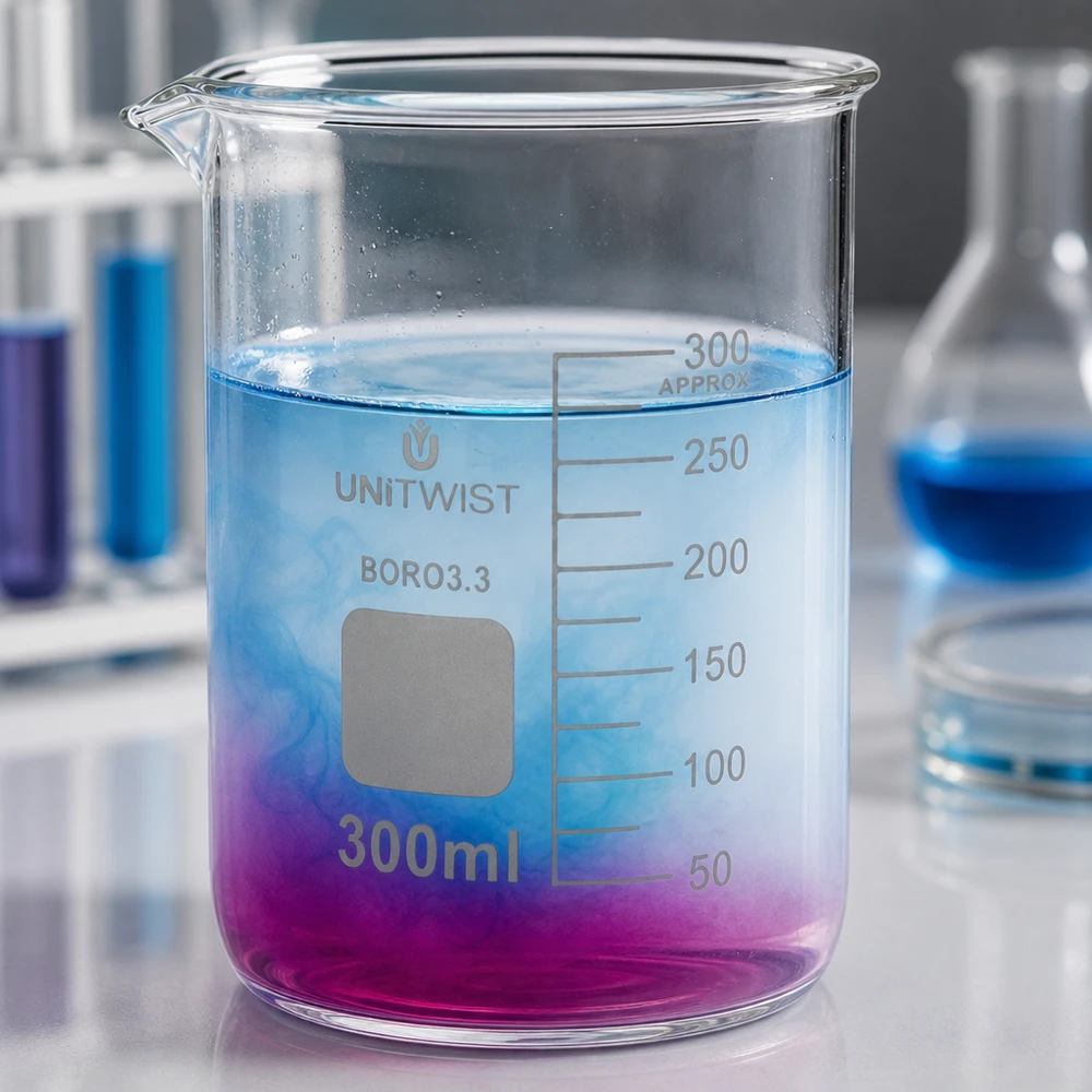 Beker 300ml borosilicaat, lage vorm UNiTWIST UNiTWIST maatbeker van 300 ml van borosilicaatglas met een paarsblauw reactiemengsel
